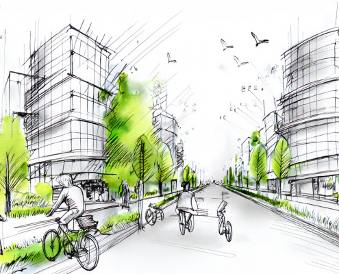 Illustration d'un vélo comme élément central de la mobilité urbaine avec végétation